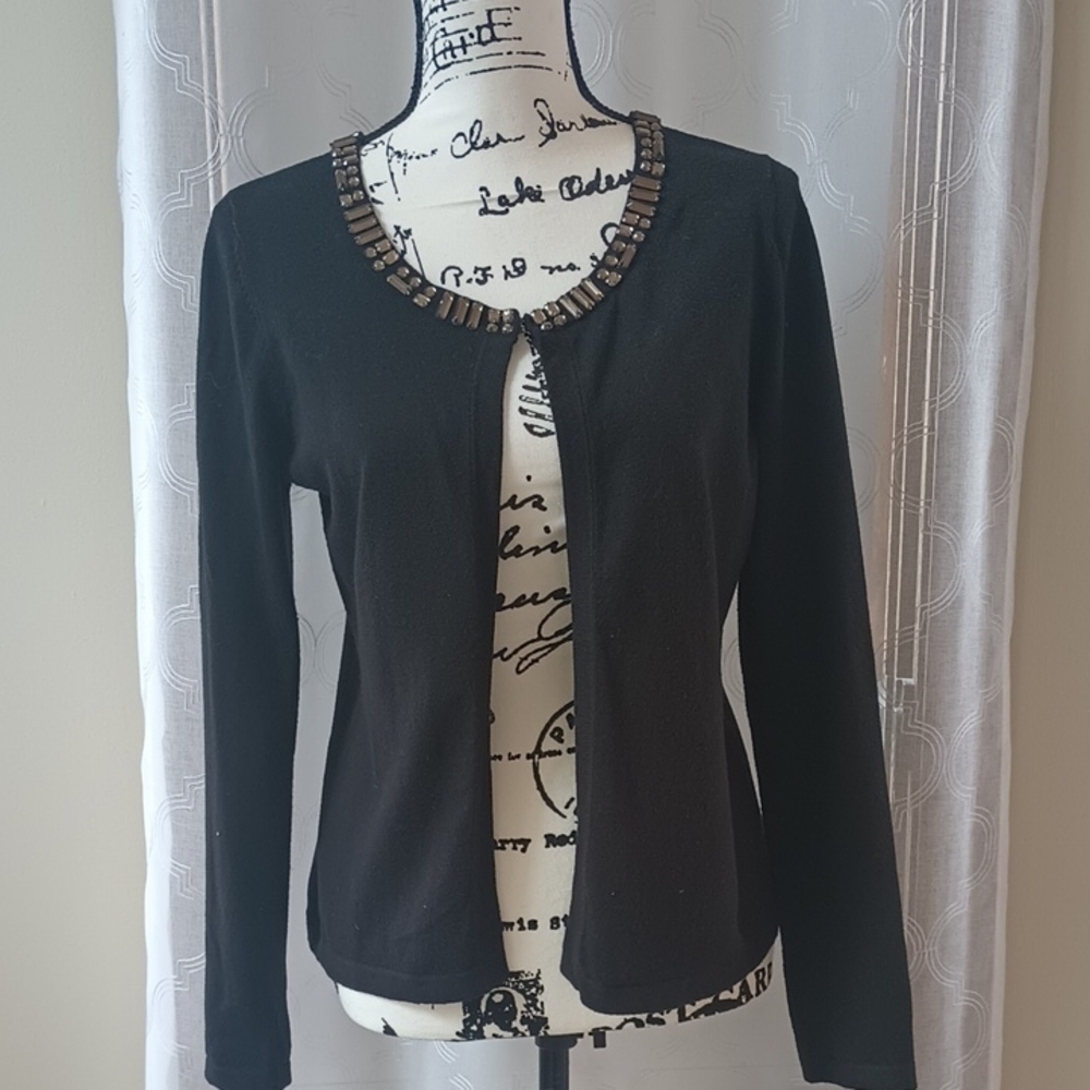 Loft Black Cardigan with Embellished Neckline